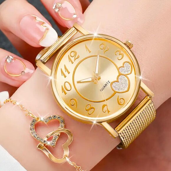 New 6pc Quartz Watch Golden in Color with Necklace, Bracelet Earring & Ring Set - Picture 2 of 7